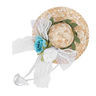 Imagem de YOUTHINK Chapéu Sombrero para Animais de Estimação Mini Chapéu de Palha Com Flores, Proteção Solar Respirável Ajustável para Cães ou Gatos (flores brancas azuis verdes XS)