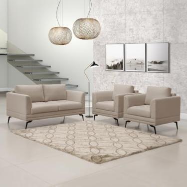 Imagem de Conjunto Sofá Living Poemme 1,60mt Pés de Ferro Resistentes + 2 Poltronas Modernas - Linho Bege