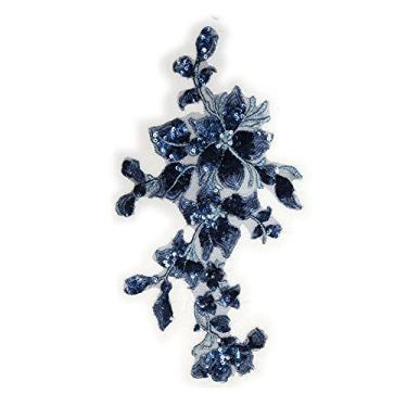 Imagem de SUNMOVE Aplique de renda bordado com lantejoulas costuradas, tecido de flor, remendo para vestido de casamento, vestido de noiva, artesanato DIY (azul escuro)
