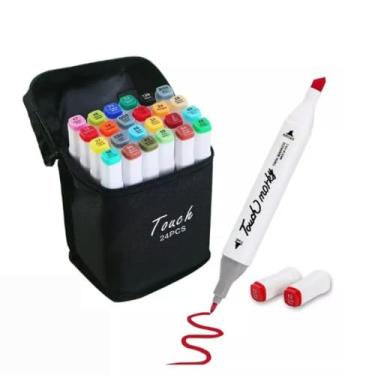 Imagem de Kit Canetas Marcador Permanente Ponta Dupla Álcool 24 Cores Estojo Portátil
