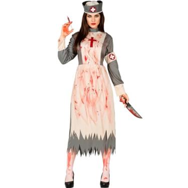 Imagem de Fantasia Enfermeira Assassina Halloween Feminina Adulta Zumbi Avental Vestido e Chapéu Sangrento (Branco e Cinza, P 38-40)