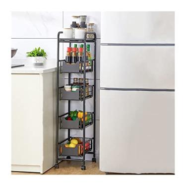 Imagem de WUHUQN Prateleiras para armazenamento de cozinha carrinho de armazenamento de ferro forjado rack estreito com piso de roda rack estreito rack de armazenamento de gaveta de canto doméstico rack de