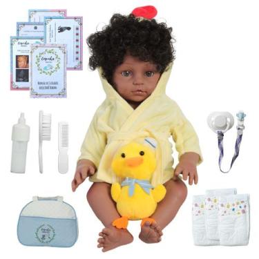 Imagem de Boneco Reborn Negro Silicone Saída de Banho + Pelúcia Pato - Cegonha R