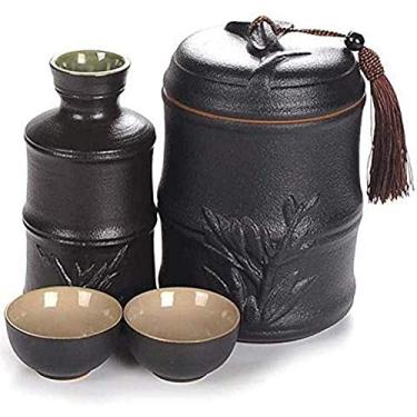Imagem de JOEUQK Conjunto de saquê de saquê de cerâmica, conjunto de 4 peças de saquê, design de modelagem de bambu, copo de vinho com panela de aquecimento, copos de cerâmica esmaltados pretos, para frio