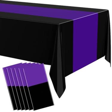 Imagem de Oudain Toalhas de mesa descartáveis de plástico 137 cm x 274 cm para mesas retangulares à prova d'água para decoração de festa de Halloween, chá de bebê, casamento, aniversário (preto, roxo, 6 peças)