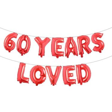 Imagem de Faixa de balão amada por 60 anos, guirlandas de glitter multicoloridas para artigos de decoração de festa de aniversário de 60 anos/casamento (60 ANOS AMADOS Vermelho)