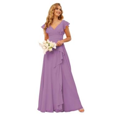 Imagem de Vestido de dama de honra TIRAS Dusty Purple Chiffon com babados e mang