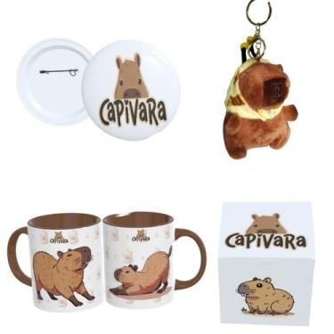 Imagem de Kit Completo Capivara  Caneca Estampada, Botton 4,4cm, Pelúcia de Capi