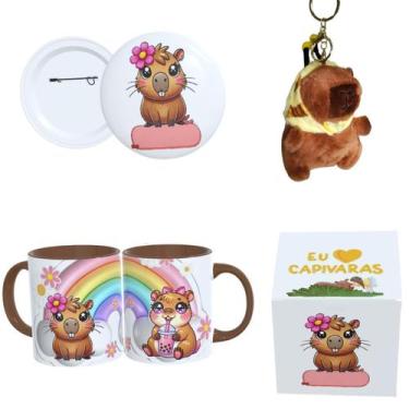 Imagem de Kit Completo Capivara  Caneca Estampada, Botton 4,4cm, Pelúcia de Capi