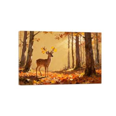 Imagem de Quadro arte parede outono-Árvore folhas caídas veado Impressões em tela paisagens-Pintura animais para decoração sala estar 20x30cm Tela Embrulhada