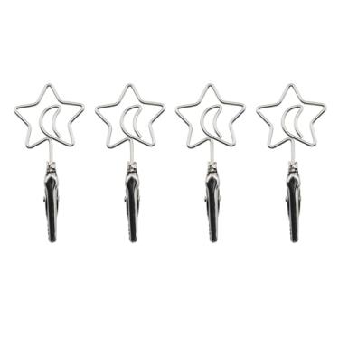 Imagem de HJGarden 4 peças, 70 mm, sinal de exibição de preço com duas cabeças, estrela e lua, suporte de metal para cartão de visita, prata para colocar memorandos, fotos, recibos, números, cartões, acessórios