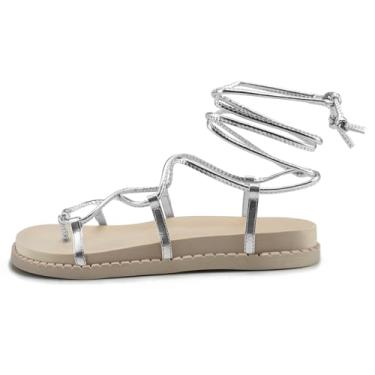 Imagem de Sandália Feminina Gladiadora Papete Flatform Amarrar Perna Metalizada Confortável Resistente (Prata, BR, Adulto, Numérico, 40)