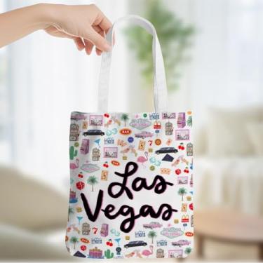 Imagem de Chicago Nashville Italy Paris New York Las Canvas Sacola de Lembrança de Viagem para Mulheres Bolsas de Mercearia, Viagem a Las Vegas 00355, Large, Tendência