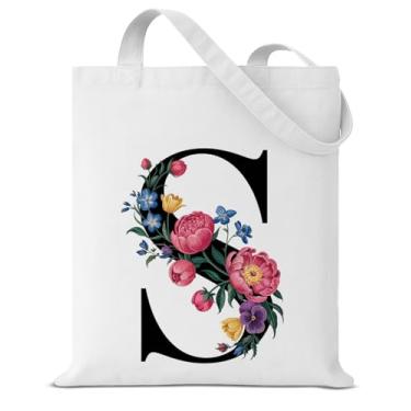 Imagem de Sacola de lona inicial S para mulheres, meninas, floral, letra S, personalizada, reutilizável, bolsa de ombro para compras, compras, viagem, trabalho, praia, presente com monograma, Multi, Large