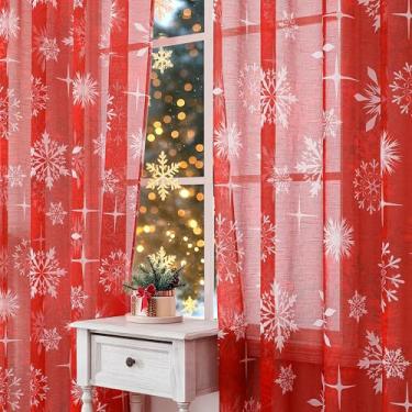 Imagem de Cortinas transparentes de Natal com 2 painéis para decoração de sala de estar, estampa de flocos de neve vermelhos, brancos, conjunto de cortinas de janela para decoração de cozinha, 137 cm L x 182 cm