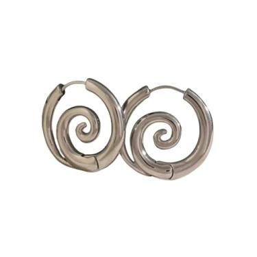 Imagem de Brincos de argola em espiral de metal antialérgico, cor dourada, joias modernas de aço inoxidável (prata), Large, Liga de aço, Sem pedra preciosa