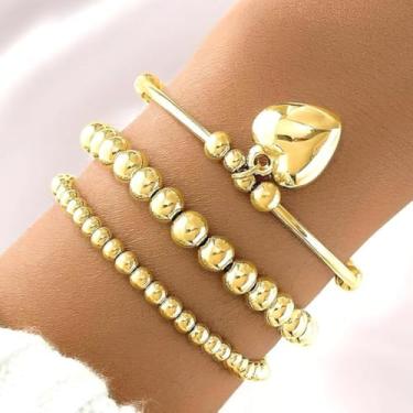 Imagem de Conjunto de pulseiras com contas de coração dourado para mulheres, empilháveis em camadas, boêmio, contas elásticas, acessórios de joias para presentes femininos, One Size, Metal, Sem Pedra Preciosa