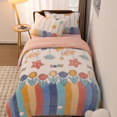 Imagem de Aimuan Conjunto de edredom de pelúcia fofo com estampa de arco-íris, decorativo, acolchoado, para meninas