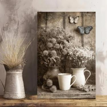Imagem de Caneca vintage flores borboletas arte de parede em tela rústica vintage - Pôster sem moldura de 30,5 x 45,7 cm - Decoração de casa e escritório para sala de estar, quarto, cozinha e café