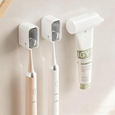 Imagem de Pacote com 2 porta-escovas de dentes com clipe de pasta de dente, suporte de escova de dente elétrico montado na parede com capa, design inovador de slot único, para família de chuveiro e viagens