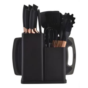 Imagem de Kit 19 Peças Utensilios Cozinha Silicone Com Facas Antiaderente Cabo De Madeira Tratada Kit Com Colher Concha Espatula Pegador Tesoura Tabua - Jogo Completo Premium.