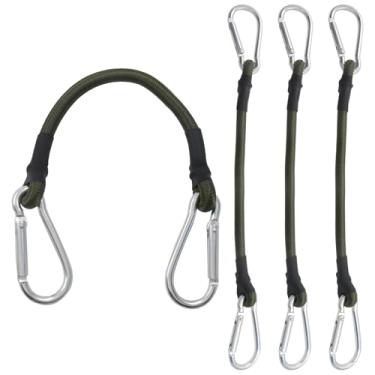 Imagem de Kyuionty Pacote com 4 cordões elásticos curtos de 20 cm com ganchos, clipe mosquetão resistente, tiras elásticas para carga/bagagem/lonas/barraca (verde militar)