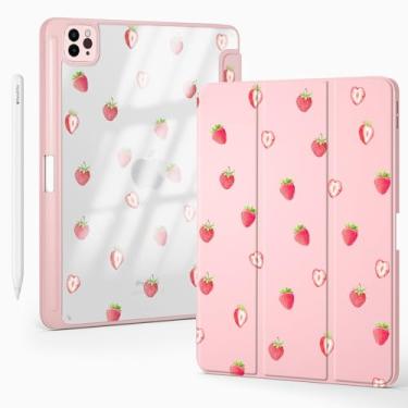 Imagem de BlHMCASE Capa fofa Kawaii Strawberry para iPad Pro de 12,9 polegadas 5ª/6ª geração 2022/2021/2020 com suporte para lápis, hibernar/despertar automático, capa traseira de acrílico transparente de couro