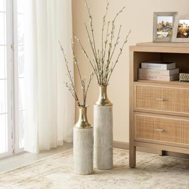 Imagem de Glitzhome Vasos de metal de 66/50 cm, conjunto de 2 vasos grandes para flores secas, vaso decorativo de metal branco e dourado moderno destacável para centro de mesa, sala de estar, canto de chão para