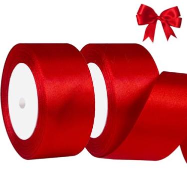 Imagem de Fita de cetim vermelha de 3,5 cm x 2 rolos de fita de tecido de cetim larga vermelha para embalagem de presente, Natal, casamento, buquê de flores, festa de feriado, convite, total de 50 metros