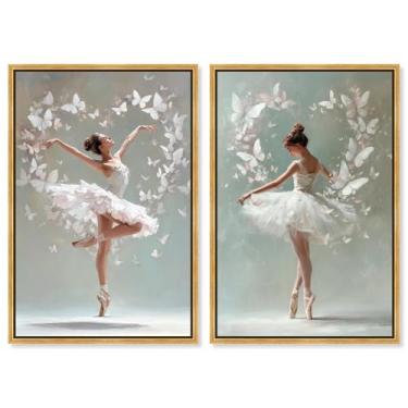 Imagem de Conjunto de 2 painéis Blush Pink Ballet Reverie Impressão em tela Glam Wall Art por Art Remedy, moldura dourada, 50 x 76 cm