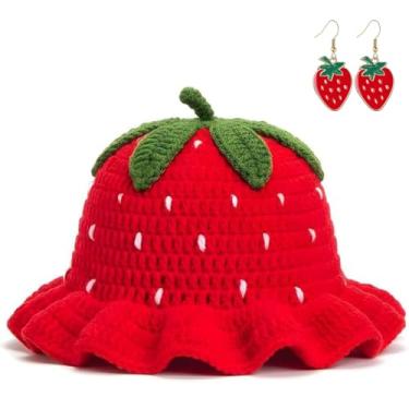 Imagem de Chapéu de morango de crochê para mulheres com brincos, chapéu floral feito à mão, lindos chapéus de malha dobráveis, Morango com brincos - D, tamanho �nico