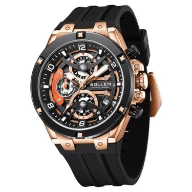 Imagem de SOLLEN Relógio masculino cronógrafo, analógico de quartzo, relógios de pulso esportivos modernos com pulseira de silicone, relógio de trabalho casual à prova d'água 30 m com calendário, relógios