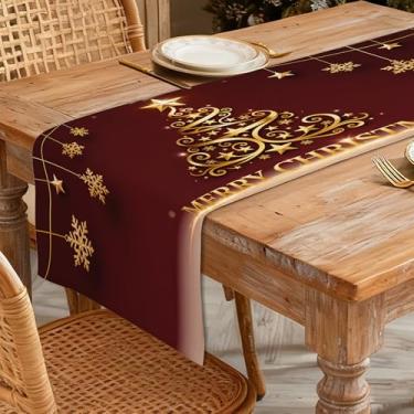 Imagem de Caminho de mesa de Natal 33 x 91 cm - Decoração de mesa de jantar de cozinha de inverno para decoração de casa, árvore de Natal impressa com estrelas e flocos de neve em fundo vinho para decoração de