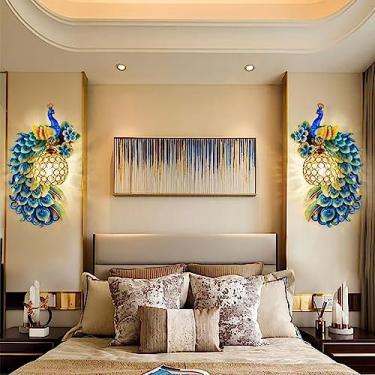 Imagem de Luminária de parede decorativa europeia com pavão, estilo contemporâneo, para sala de estar, quarto, escritório, quarto infantil, hotel, casa de campo ou corredor (conjunto com 2 unidades).
