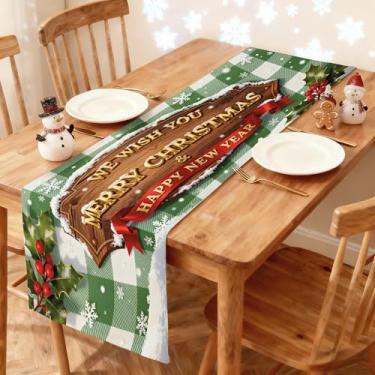 Imagem de Caminho de mesa de Natal 33 x 91 cm - Decoração de mesa de jantar de cozinha de inverno impressa saudação festiva com xadrez, azevinho e flocos de neve corredor para decoração de casa festiva de