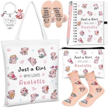 Imagem de Gilprop 6 peças Axolotl Lover Gift Tote Bag Chaveiro Bolsa Cosmética Espiral Notebook Caneta Esferográfica Meias Just a Girl Who Loves Axolotl Presente de Natal