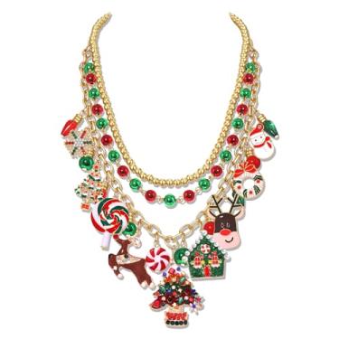 Imagem de HSWE Colar em camadas de Natal para mulheres, contas de argila douradas vermelhas e verdes, árvore de Natal, floco de neve, bengala doce, pirulito, boneco de neve, pingente de rena, colar gargantilha