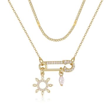 Imagem de TANTIUE Colar de clipe de papel feminino banhado a ouro 14 K com pingente de clipe de papel de zircônia cúbica girassol/cruz/sol/lua/gotas de água com corrente em camadas, joias presentes para ela