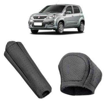 Imagem de Kit Capas Couro Lgeitimo Protege Manopla Câmbio Manual E Freio Compatível Com Uno Way Sporting 2016 Á 2021 (PRETO - COSTURA PRETA)