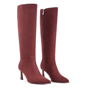 Imagem de Gothictor Botas de cano alto femininas bico fino salto alto salto alto com zíper lateral botas longas, Marrom #1_camurça, 39