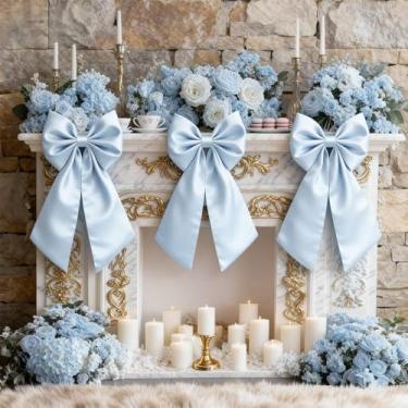 Imagem de Froova Decoração de laço azul como saia de berço, pacote com 3, grandes laços azuis, decoração de 55 × 28 cm, laço grande para árvore de Natal, embrulho de presente, fundo de festa para despedida de