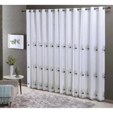 Imagem de Cortina Bordada Ilha Da Madeira Voal Com Forro 4m x 2,50m - Branco/Preto