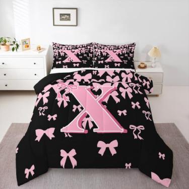 Imagem de jejeloiu Conjunto de cama com laço fofo, para meninos e meninas, com letra X, solteiro, preto, rosa, coquete, laço, edredom com monograma, 2 peças com 1 fronha