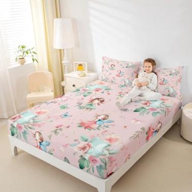 Imagem de Erosebridal Jogo de cama solteiro, jardim de fadas, borboleta e floral, para meninas, crianças, flores verdes e rosa | Jogo de lençol com elástico apenas com flores estéticas, 2 peças, decoração de
