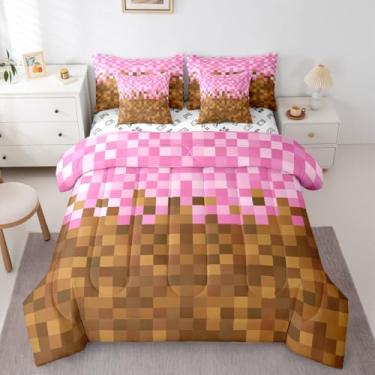 Imagem de Jogo de cama casal, conjunto de edredom com estampa de mineiros, desenho animado com gamepad, marrom e rosa, 7 peças com lençol de cima, lençol de cima e fronhas