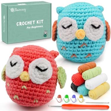 Imagem de Faircosy Kit de crochê para iniciantes de 2 peças: kits de corujas de crochê Amigurumi, kit para iniciantes para adultos e crianças (mais de 10 anos) com instruções detalhadas e tutorial, presente