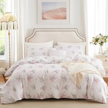 Imagem de CCoutueChen Capa de edredom Queen, conjunto de cama floral rosa para meninas, lírio do vale com design de borboleta e laço, 1 capa de edredom e 2 fronhas, microfibra macia respirável reversível