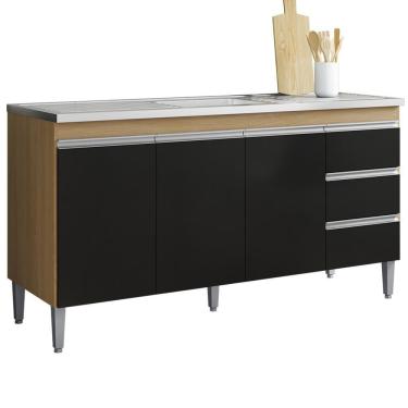 Imagem de Balcão Pia Sem Tampo 3 Portas 3 Gavetas 155 Cm Andreia Amendoa Preto Reajl Moveis