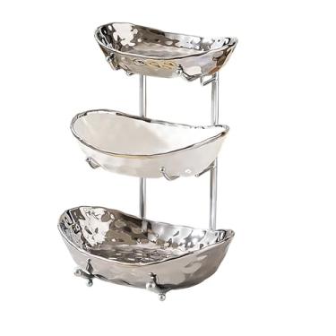 Imagem de jessie Tigela de frutas de 3 camadas para balcão de cozinha, tigela de cerâmica com suporte de metal, cesta de frutas de 3 camadas para pão de legumes, doces, lanches, nozes, bandeja de bolo de