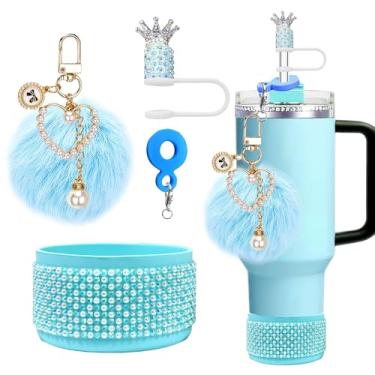 Imagem de JIASHEBDE Conjunto de acessórios de strass para Stanley Quencher H2.0 copos de 850 g/1,134 g – topo de palha de coroa, bota de silicone com strass brilhante, pingente de chaveiro pompom (azul)